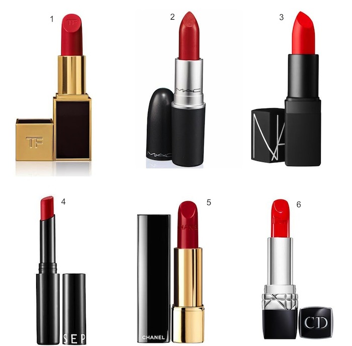 1) Tom Ford Cherry Lush 2) MAC Ruby Woo 3) Nars Heat Wave 4) Sephora Pure Red 5) Chanel Rouge Allure Pirate 6) Christian Dior Trafalgar