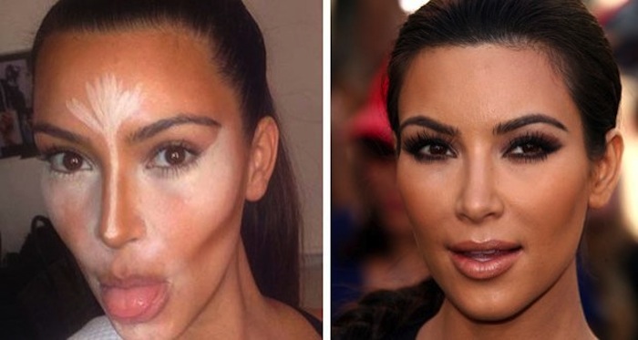 Kim Kardashian fez questão de mostrar que faz maquiagem de contorno...